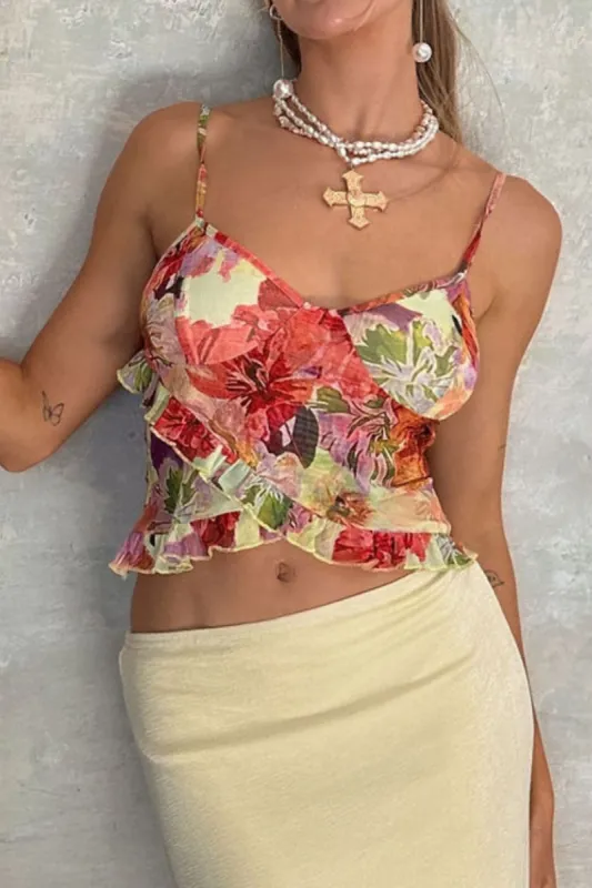 Petra Floral Mesh Ruffle Tank sold by 12th Tribe