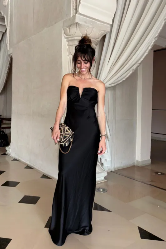 Valeria Black Strapless Satin Maxi Dress sold by 12th Tribe