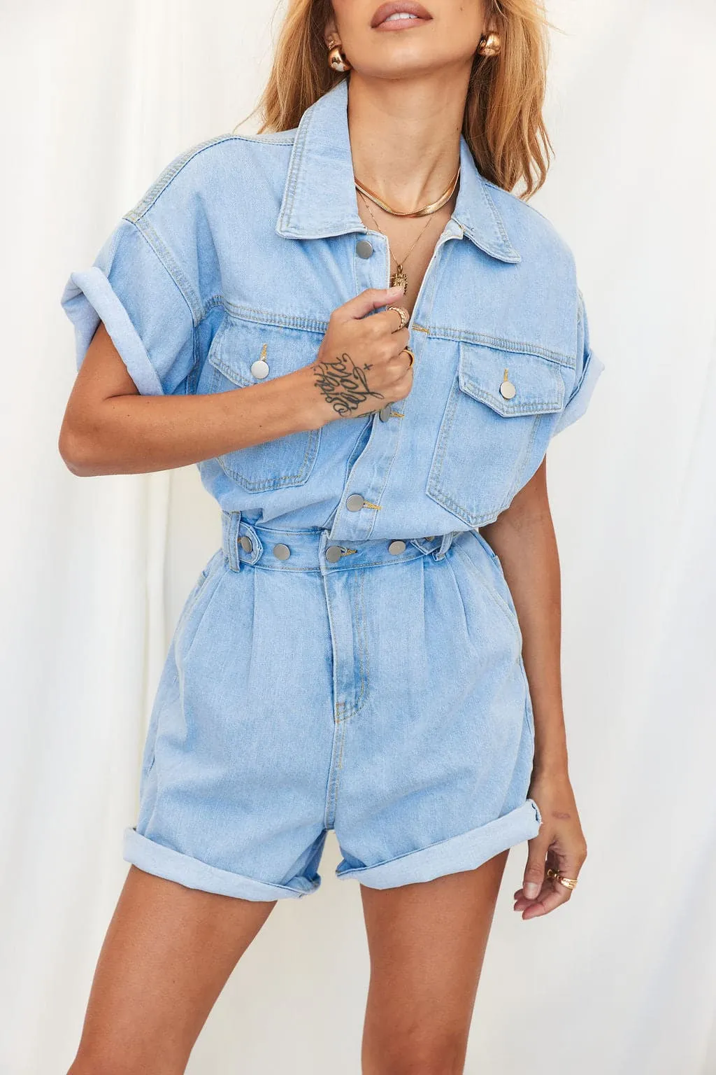 Hendrix Short Denim Romper sold by 12th Tribe