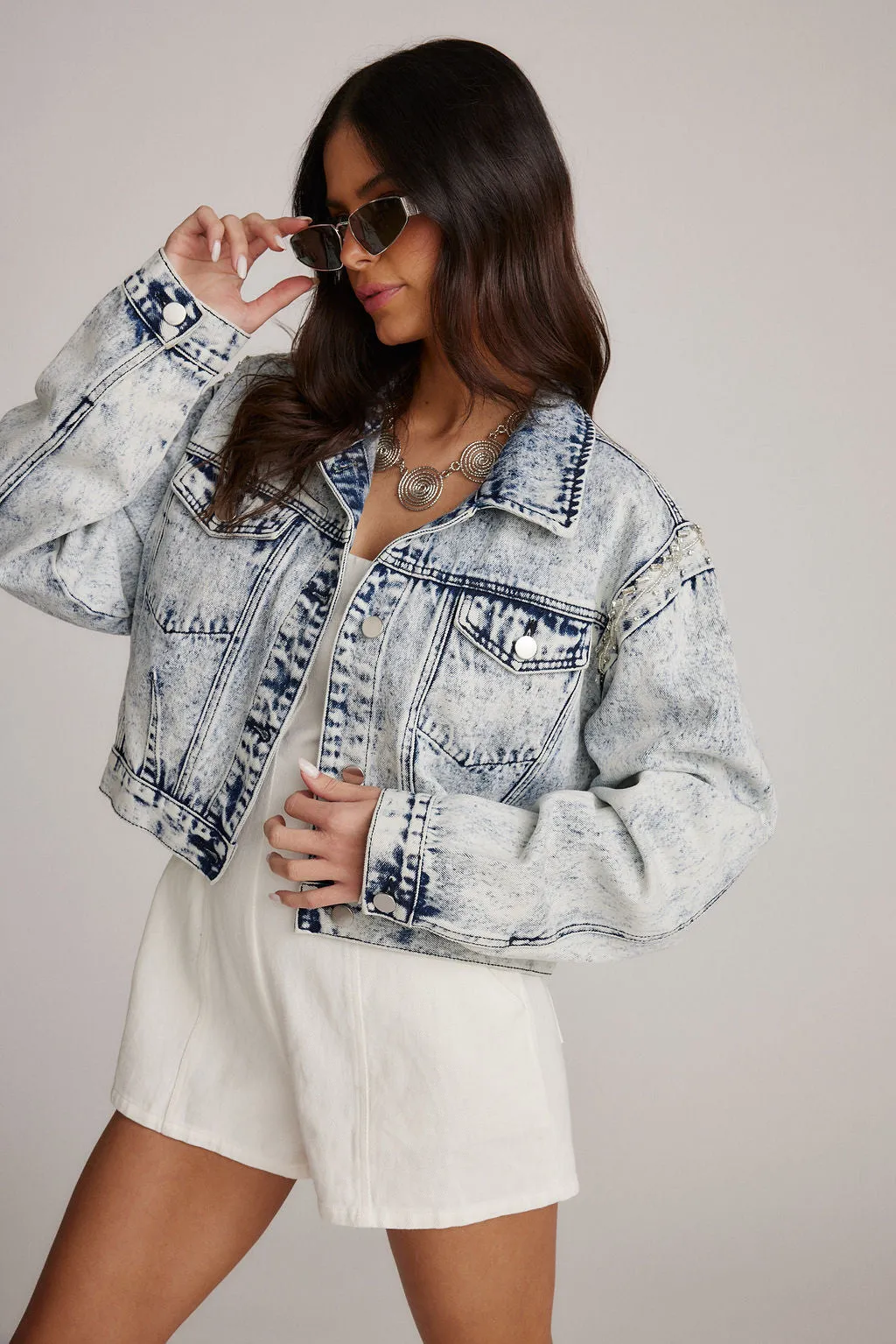 Chevall Rhinestone Embellished Denim Jacket sold by 12th Tribe product image thumbnail 4