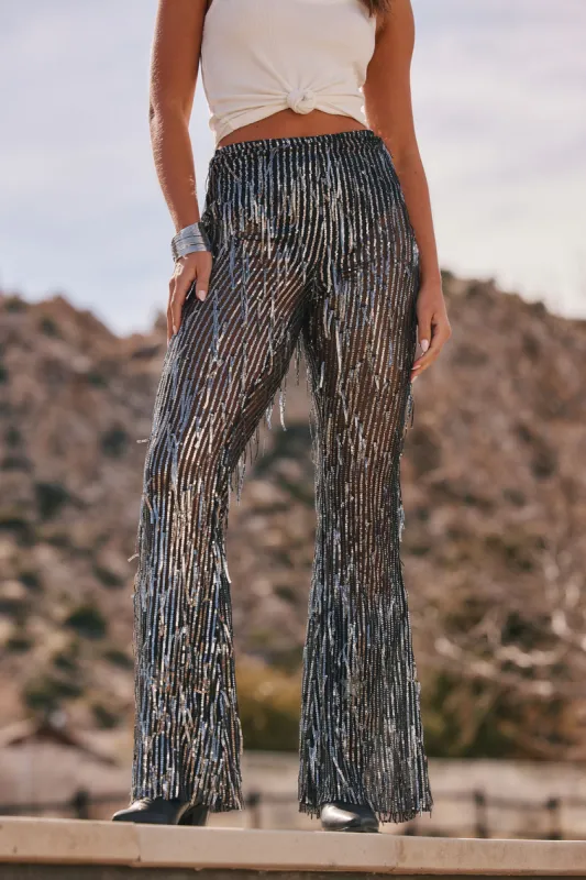Vega Black Fringe Sequin Pants made by Bear Dance