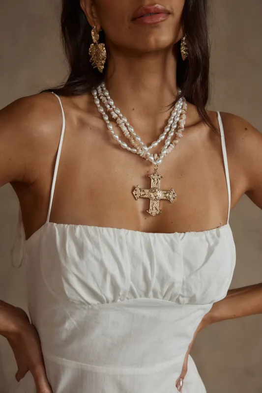 Angelica Gold Pearl Cross Statement Necklace sold by 12th Tribe