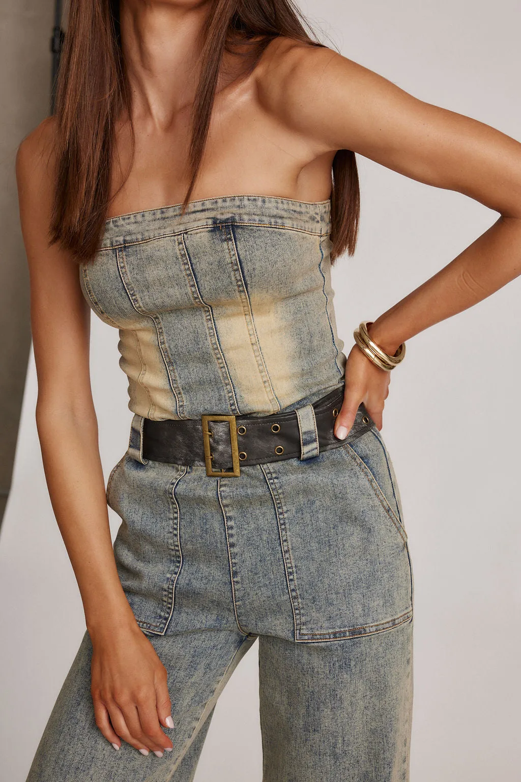 Jessie Denim Strapless Jumpsuit sold by 12th Tribe
