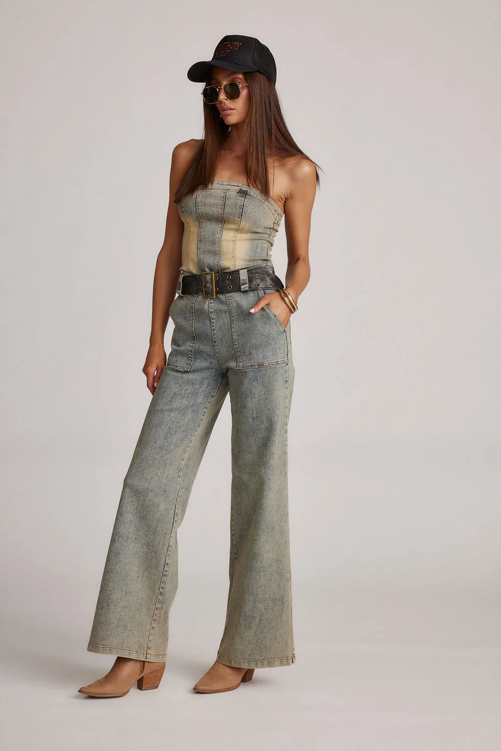 Jessie Denim Strapless Jumpsuit sold by 12th Tribe product image thumbnail 4