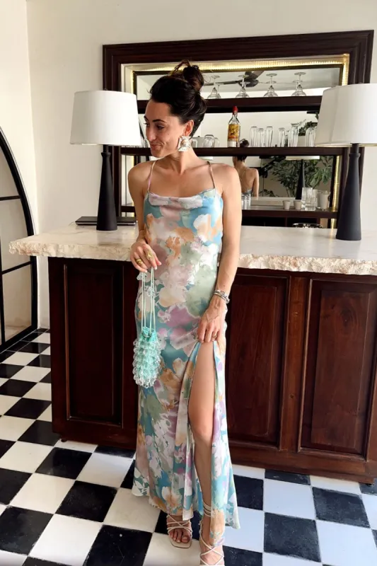 chinese dress ladies Women's Blue Printed Maxi Dress