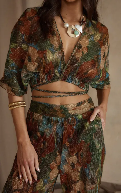 Kaia Multicolor Metallic Floral Crop Top sold by 12th Tribe