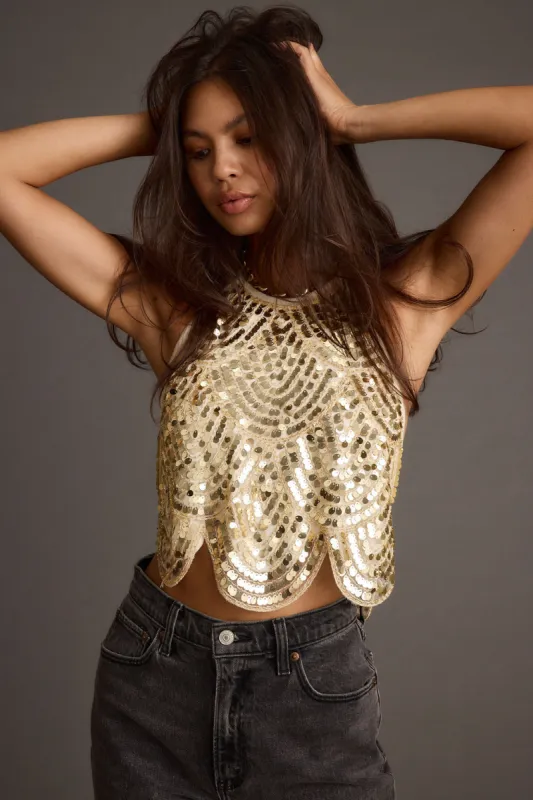 Cleo Gold Sequin Halter Tie Top sold by 12th Tribe