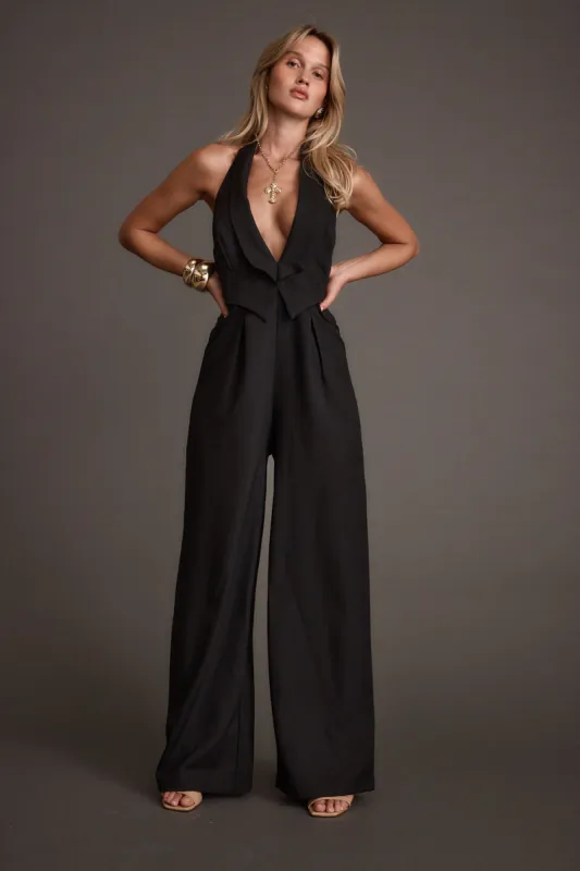 Astoria Black Plunge Halter Tailored Jumpsuit sold by 12th Tribe