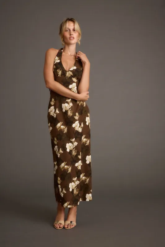 Audrina Brown Floral Halter Maxi Dress made by 12th Tribe