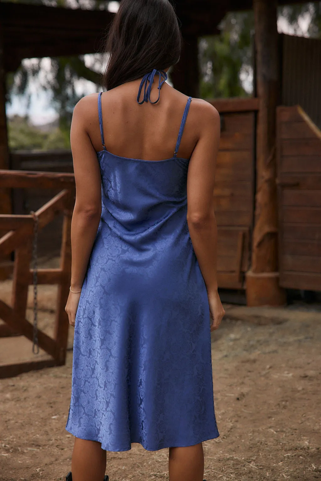 Aubrey Blue Satin Jacquard Midi Dress sold by 12th Tribe product image thumbnail 2