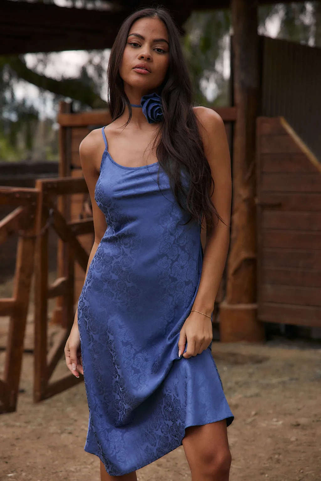 Aubrey Blue Satin Jacquard Midi Dress sold by 12th Tribe product image thumbnail 4