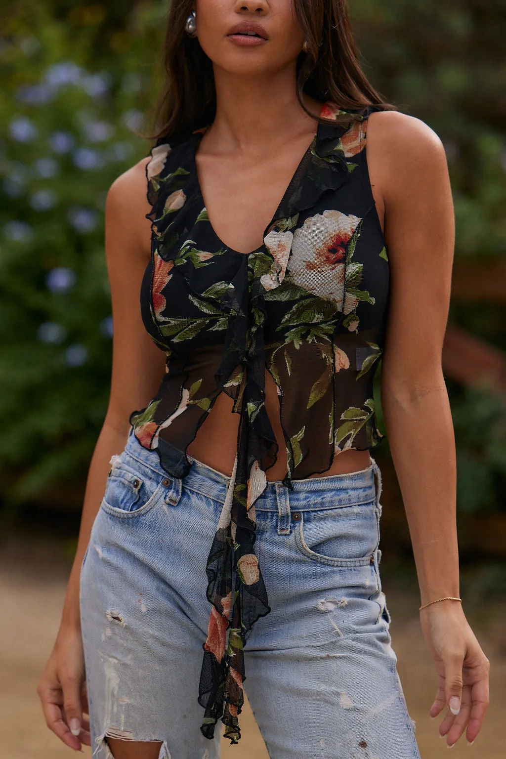 Charlie Floral Mesh Ruffle Tank sold by 12th Tribe product image thumbnail 3