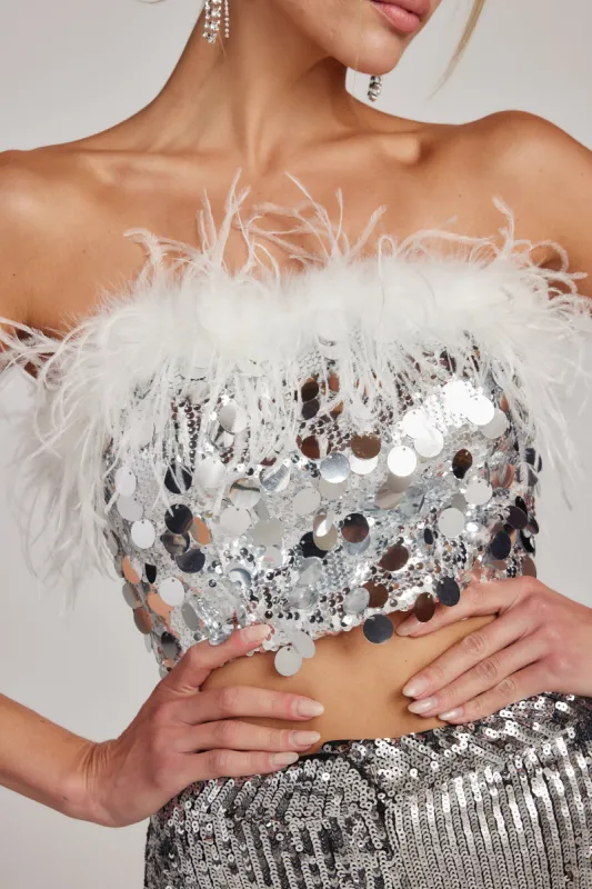 Sella Silver Sequin & Feather Trim Tube Top sold by 12th Tribe