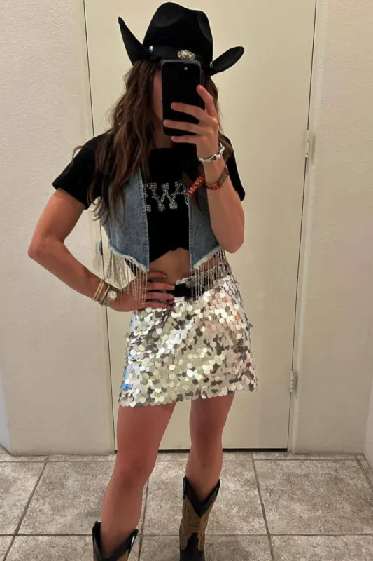 Pippa Silver Disco Sequin Mini Skirt sold by 12th Tribe