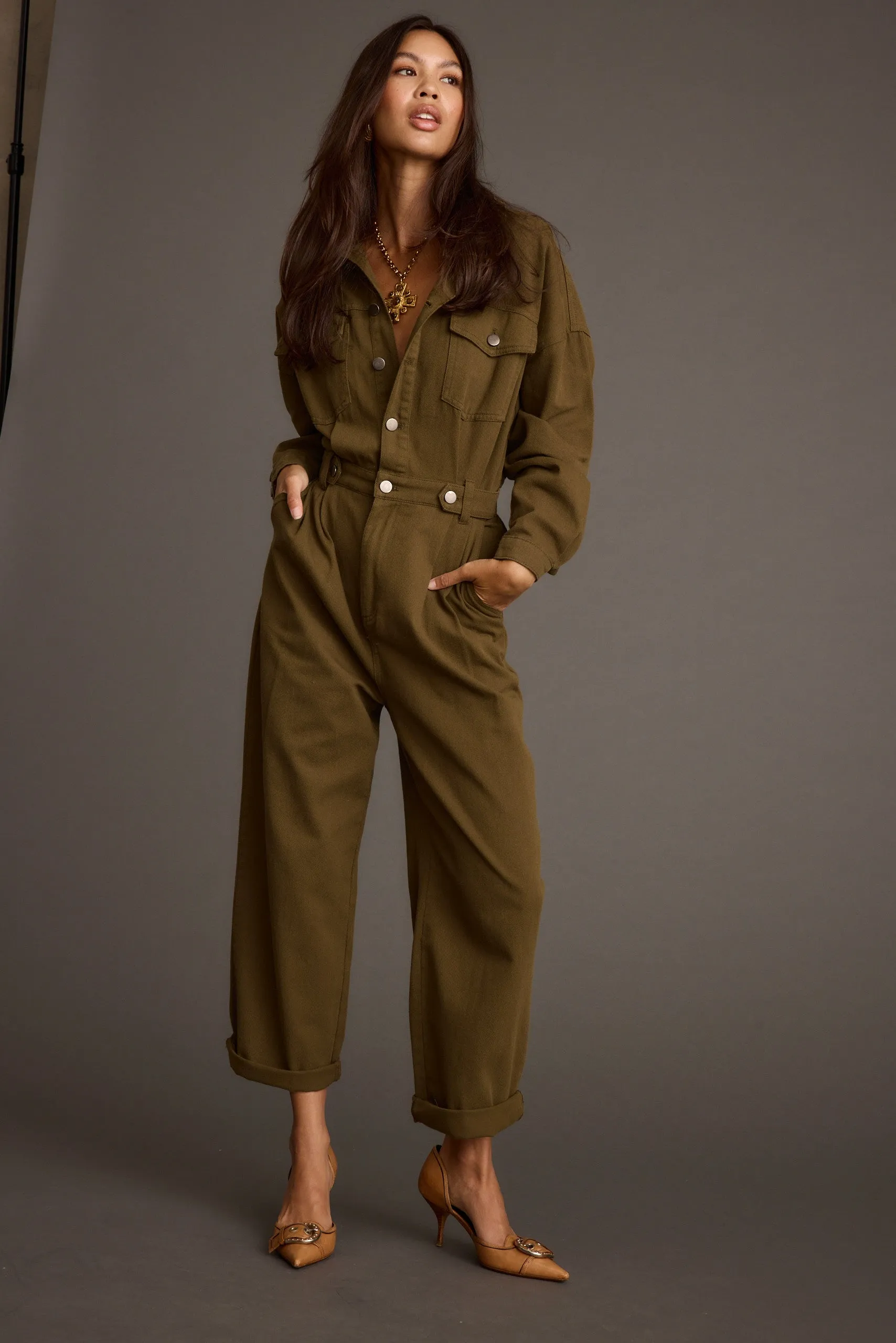 Hendrix Olive Straight Leg Jumpsuit sold by 12th Tribe