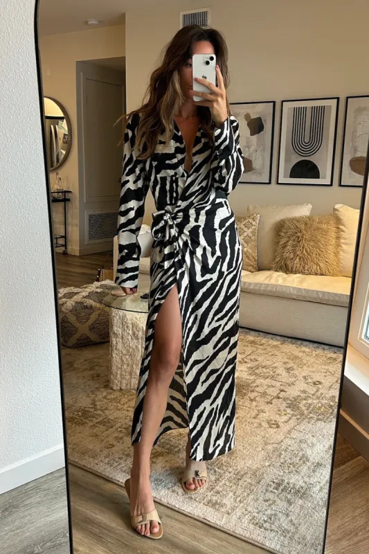 Renna Zebra Long Sleeve Wrap Midi Dress sold by 12th Tribe