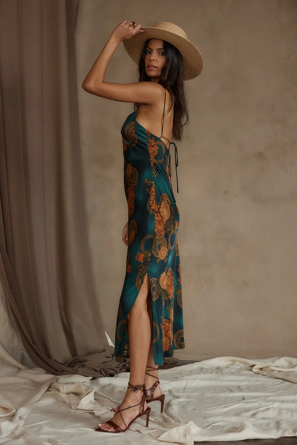 Alexandria Teal Printed Satin Midi Dress sold by 12th Tribe product image thumbnail 3