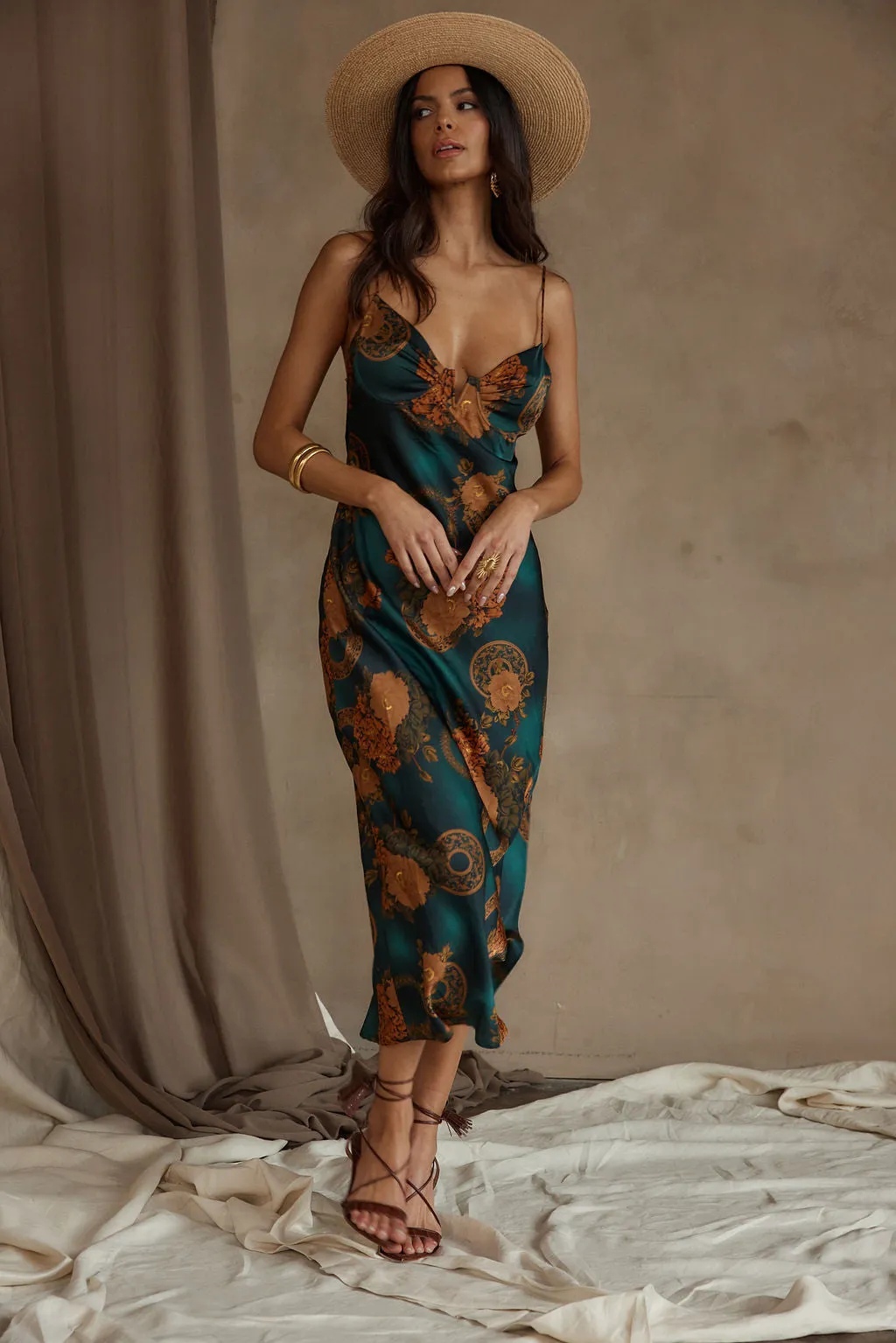 Alexandria Teal Printed Satin Midi Dress sold by 12th Tribe product image thumbnail 5