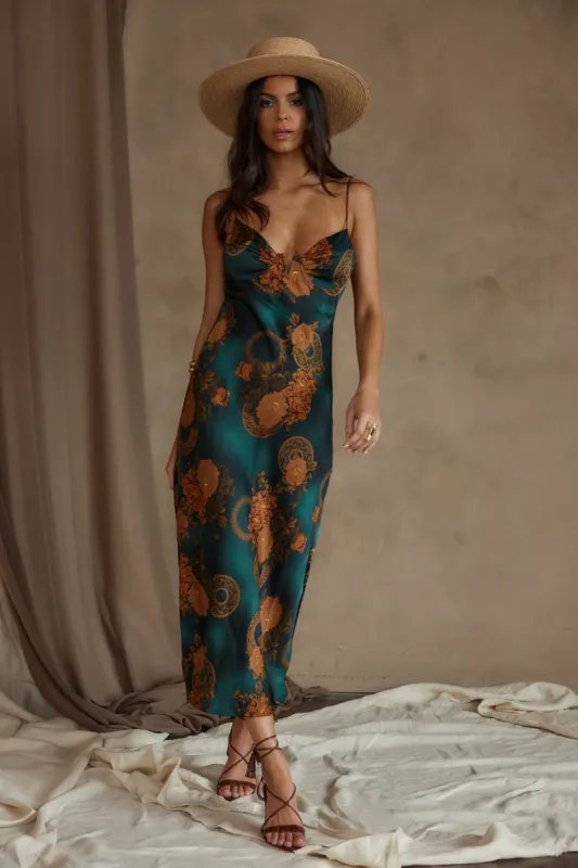 Alexandria Teal Printed Satin Midi Dress sold by 12th Tribe