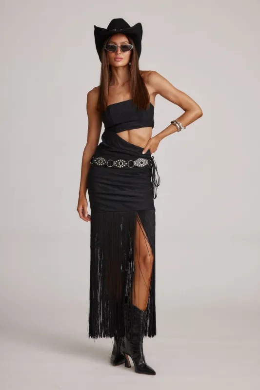 Cara Black Strapless Fringe Maxi Dress sold by 12th Tribe