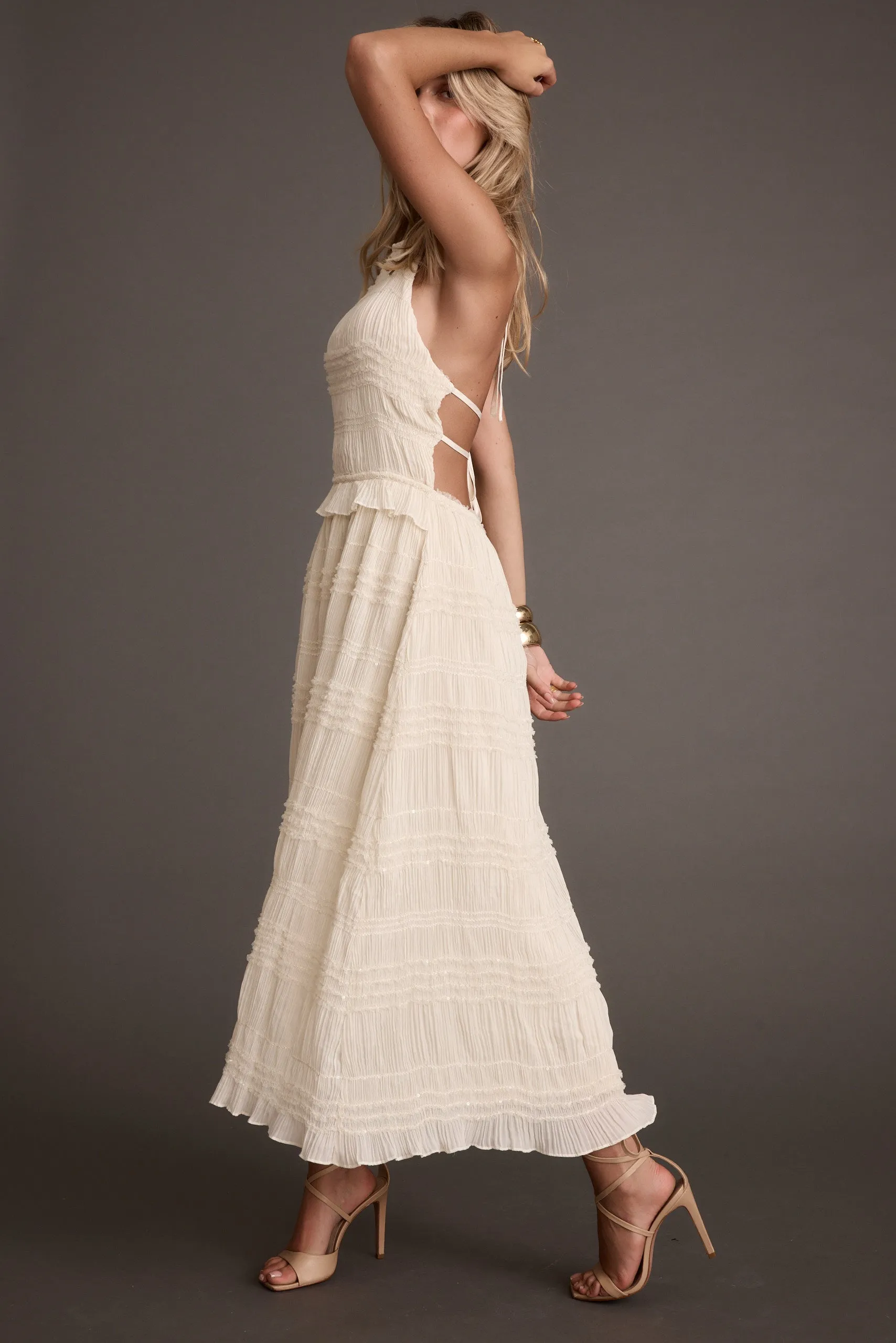 Quinn Ivory High Neck Shimmer Chiffon Maxi Dress sold by 12th Tribe product image thumbnail 5
