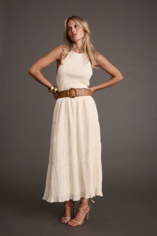 Quinn Ivory High Neck Shimmer Chiffon Maxi Dress sold by 12th Tribe