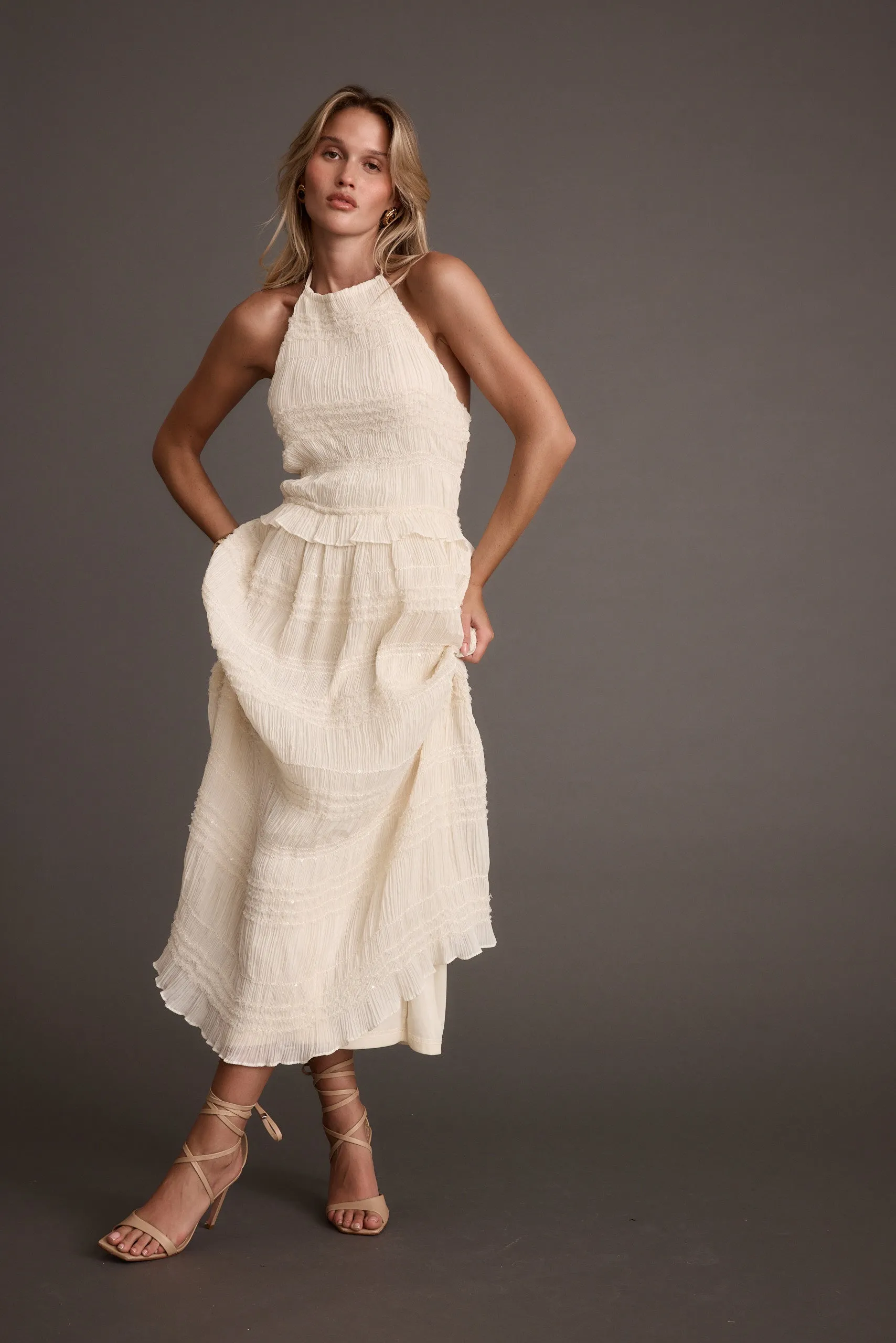 Quinn Ivory High Neck Shimmer Chiffon Maxi Dress sold by 12th Tribe product image thumbnail 3