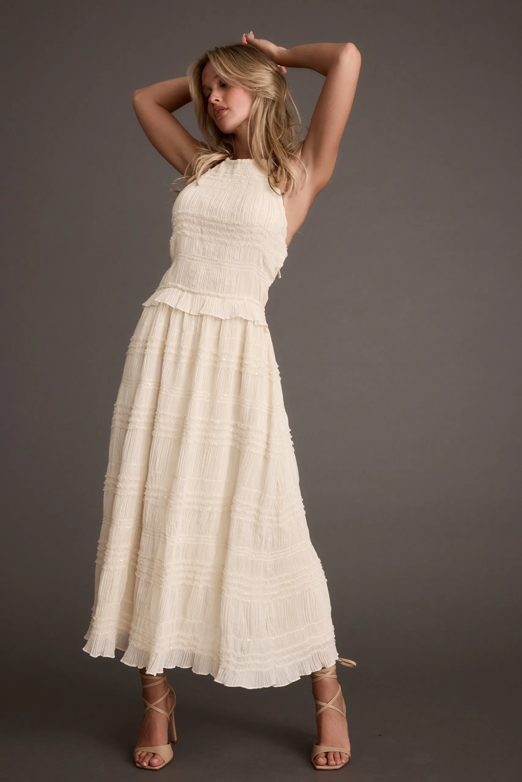 Quinn Ivory High Neck Shimmer Chiffon Maxi Dress sold by 12th Tribe product image thumbnail 4