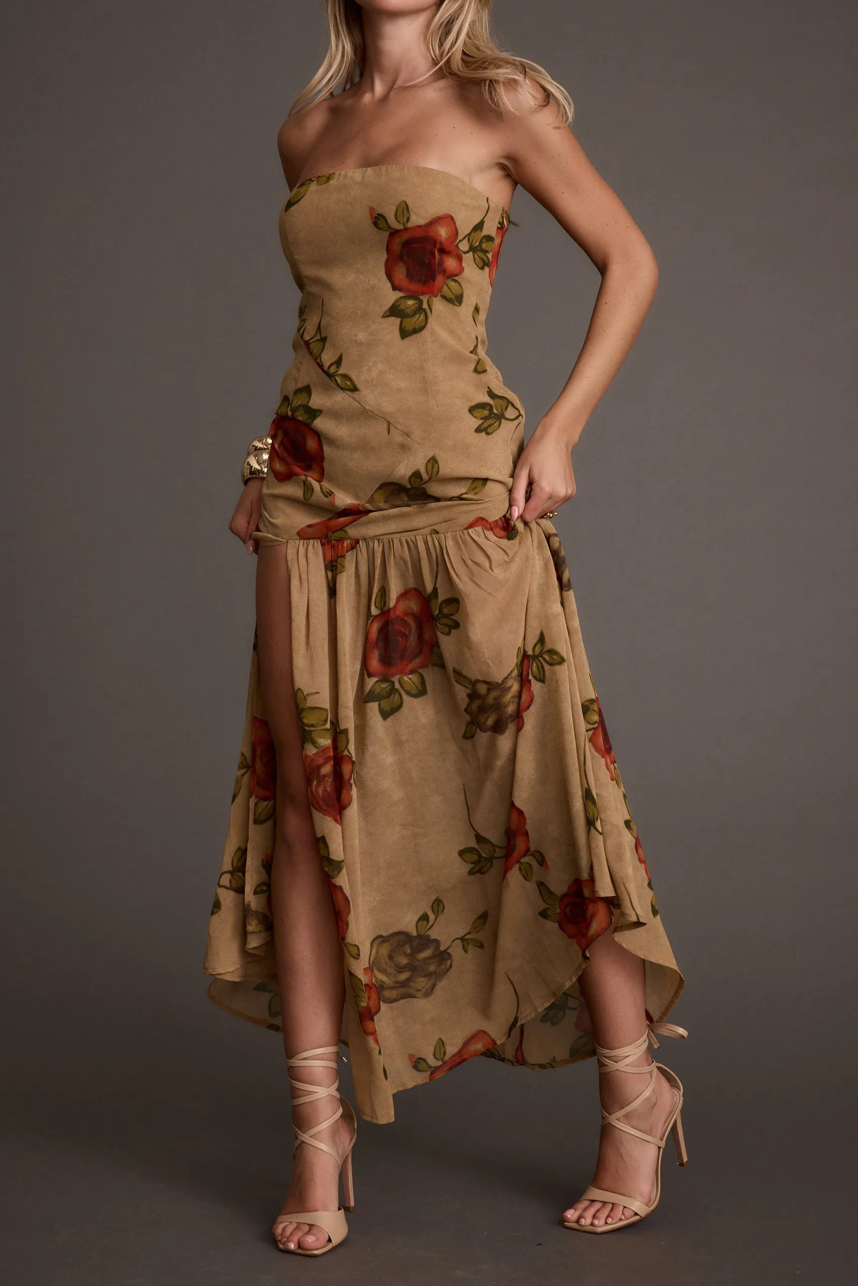 LaBelle Tan Floral Drop Waist Maxi Dress sold by 12th Tribe product image thumbnail 4