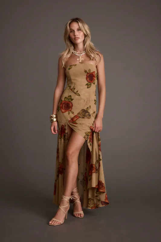 LaBelle Tan Floral Drop Waist Maxi Dress sold by 12th Tribe