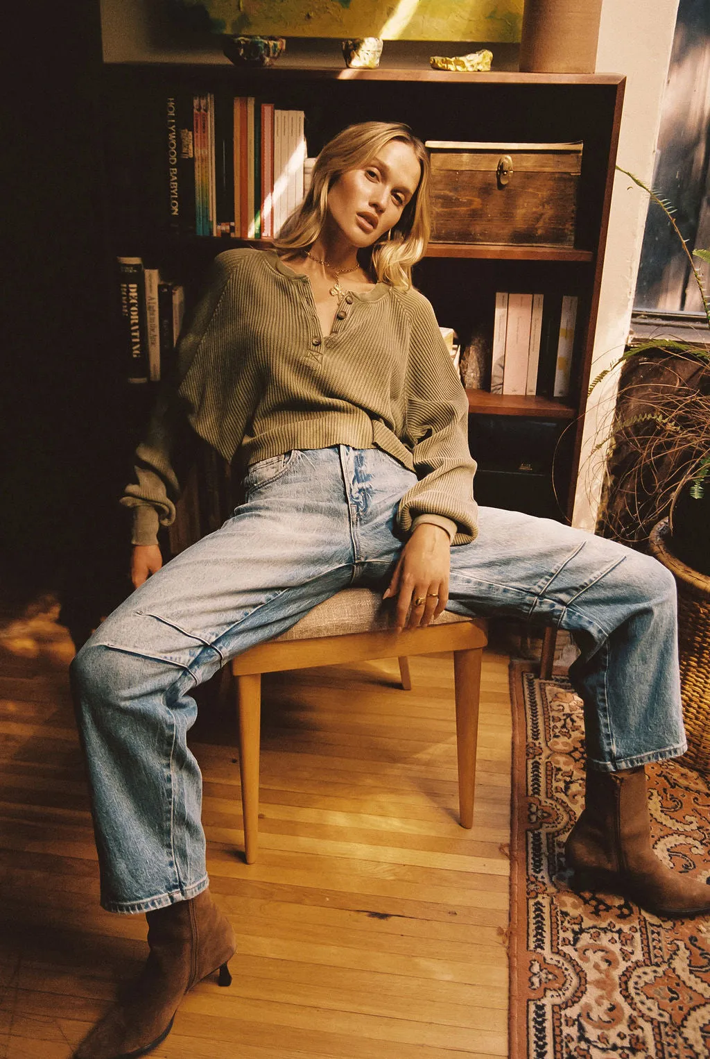 Not Your Boyfriend Olive Waffle Knit Henley sold by 12th Tribe product image thumbnail 2