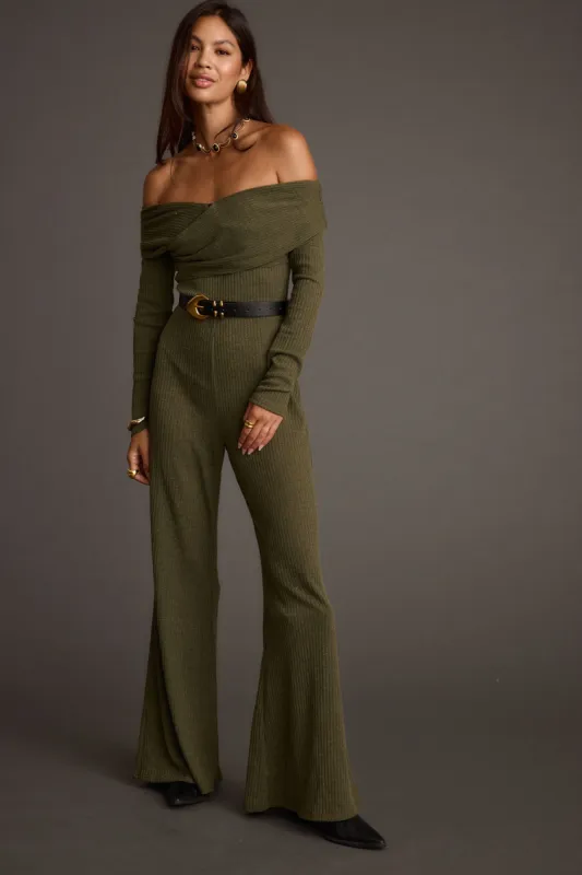 Greenwich Olive Knit Off The Shoulder Jumpsuit sold by 12th Tribe