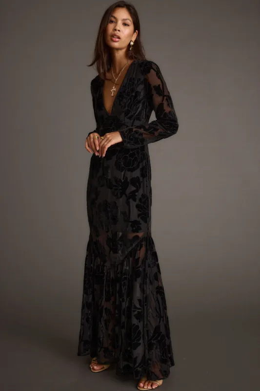 Angela Black Velvet Burnout Long Sleeve Maxi Dress made by 12th Tribe