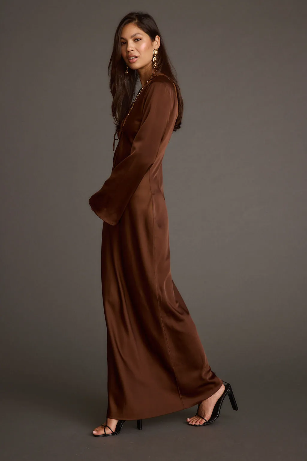 Strokes Mocha Long Sleeve Plunge Satin Maxi Dress sold by 12th Tribe product image thumbnail 5