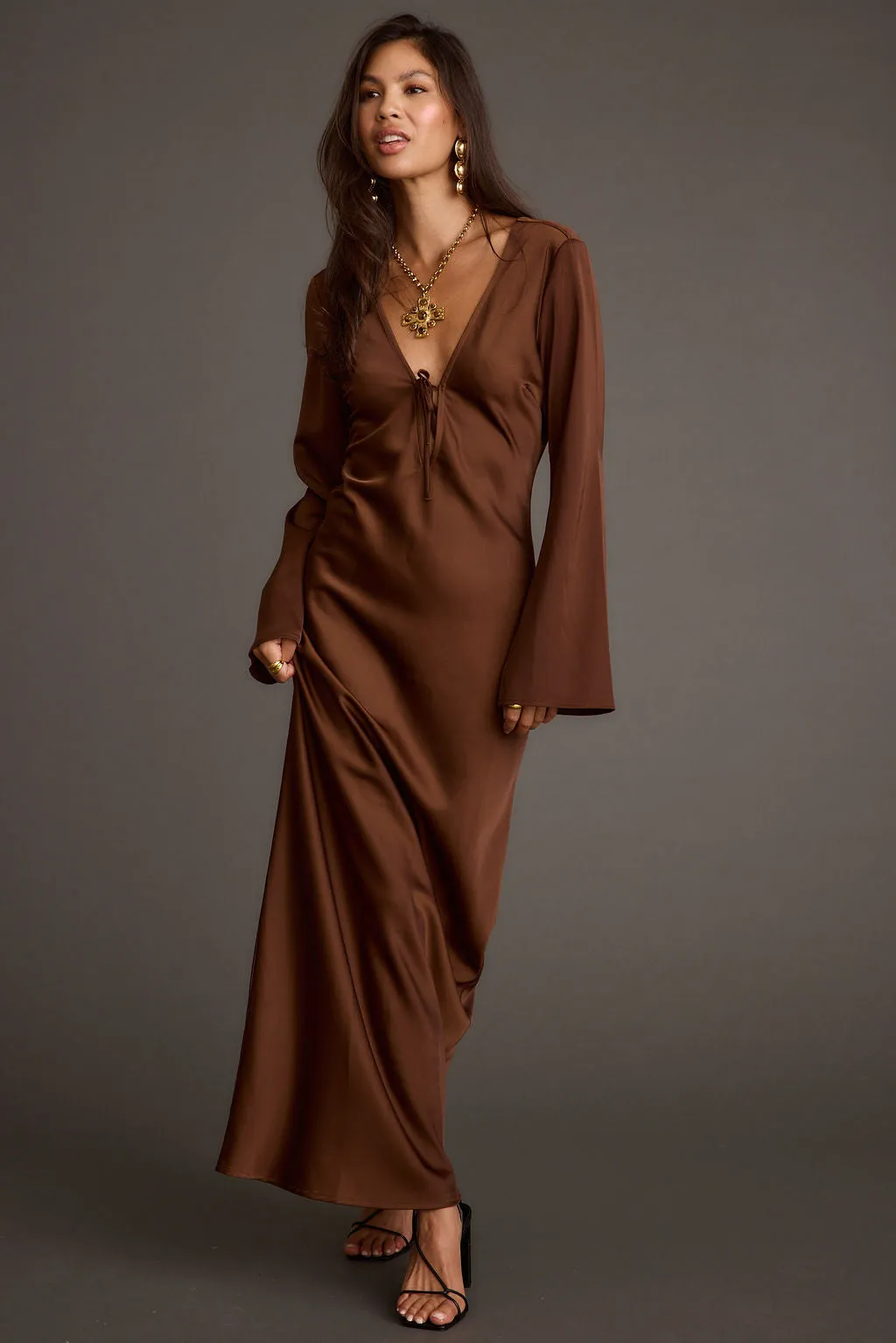 Strokes Mocha Long Sleeve Plunge Satin Maxi Dress sold by 12th Tribe product image thumbnail 2