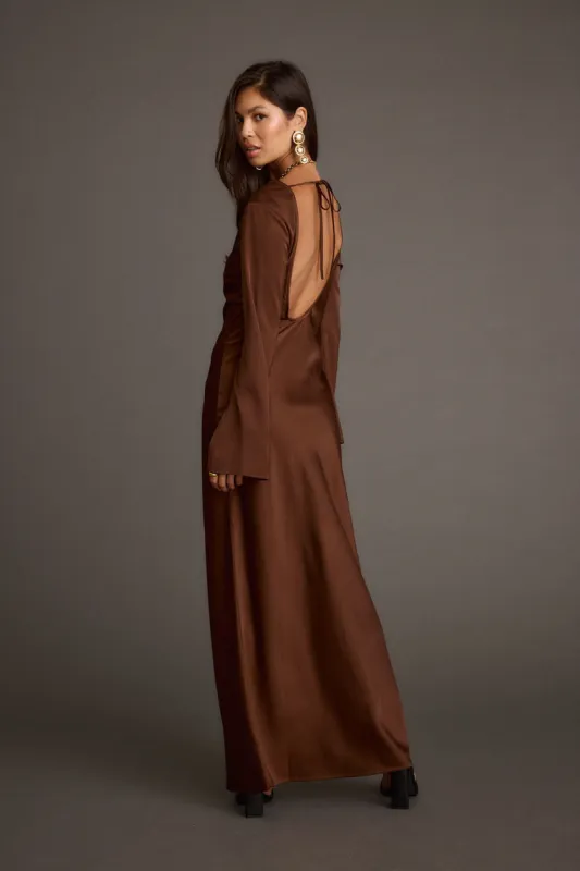 Strokes Mocha Long Sleeve Plunge Satin Maxi Dress made by 12th Tribe