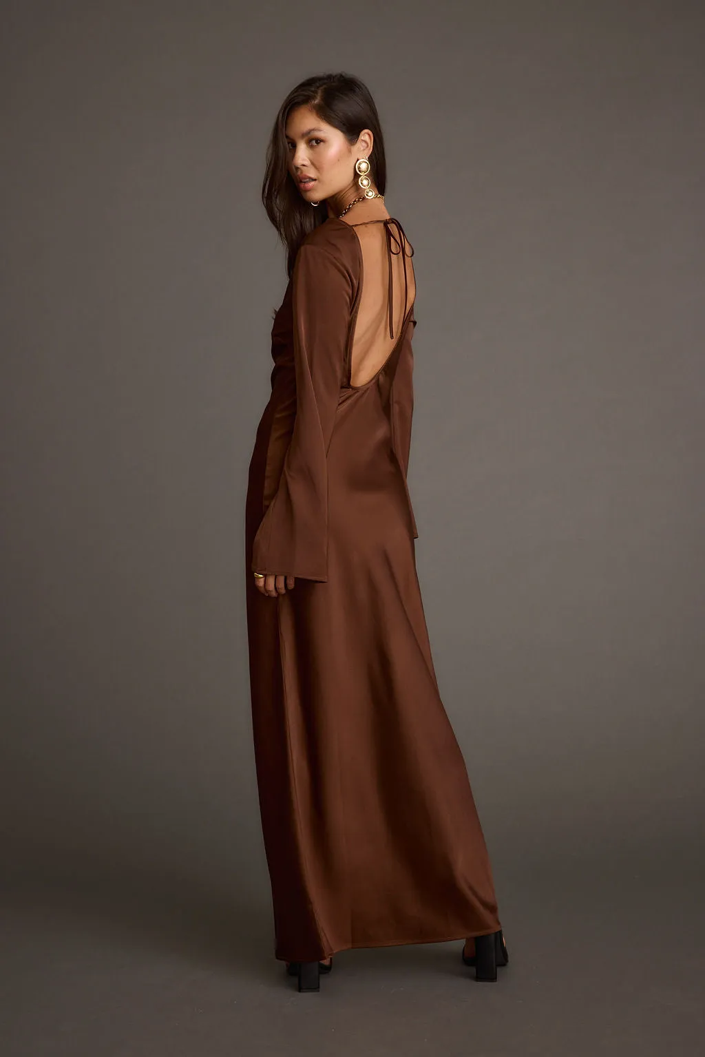 Strokes Mocha Long Sleeve Plunge Satin Maxi Dress sold by 12th Tribe