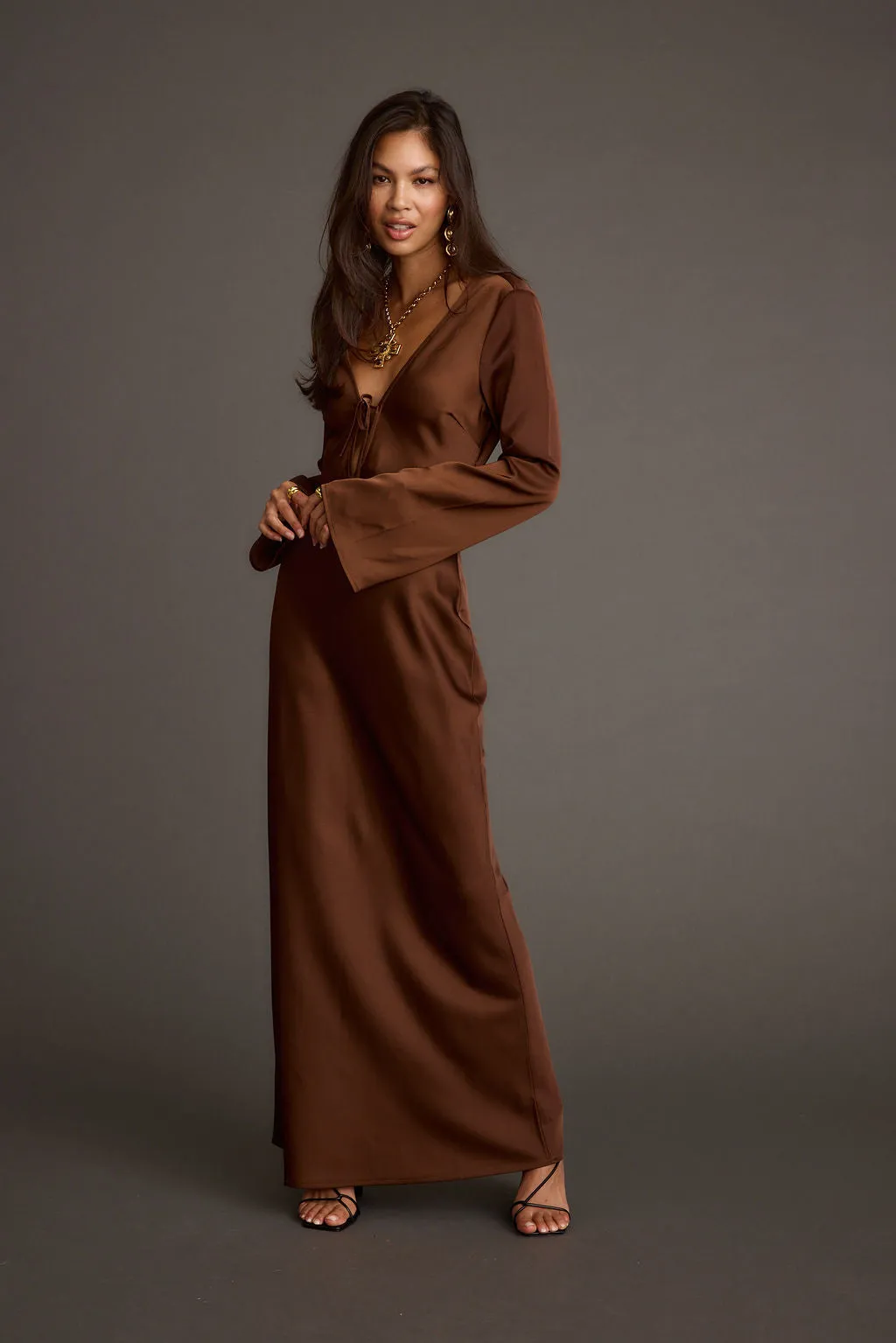 Strokes Mocha Long Sleeve Plunge Satin Maxi Dress sold by 12th Tribe product image thumbnail 3