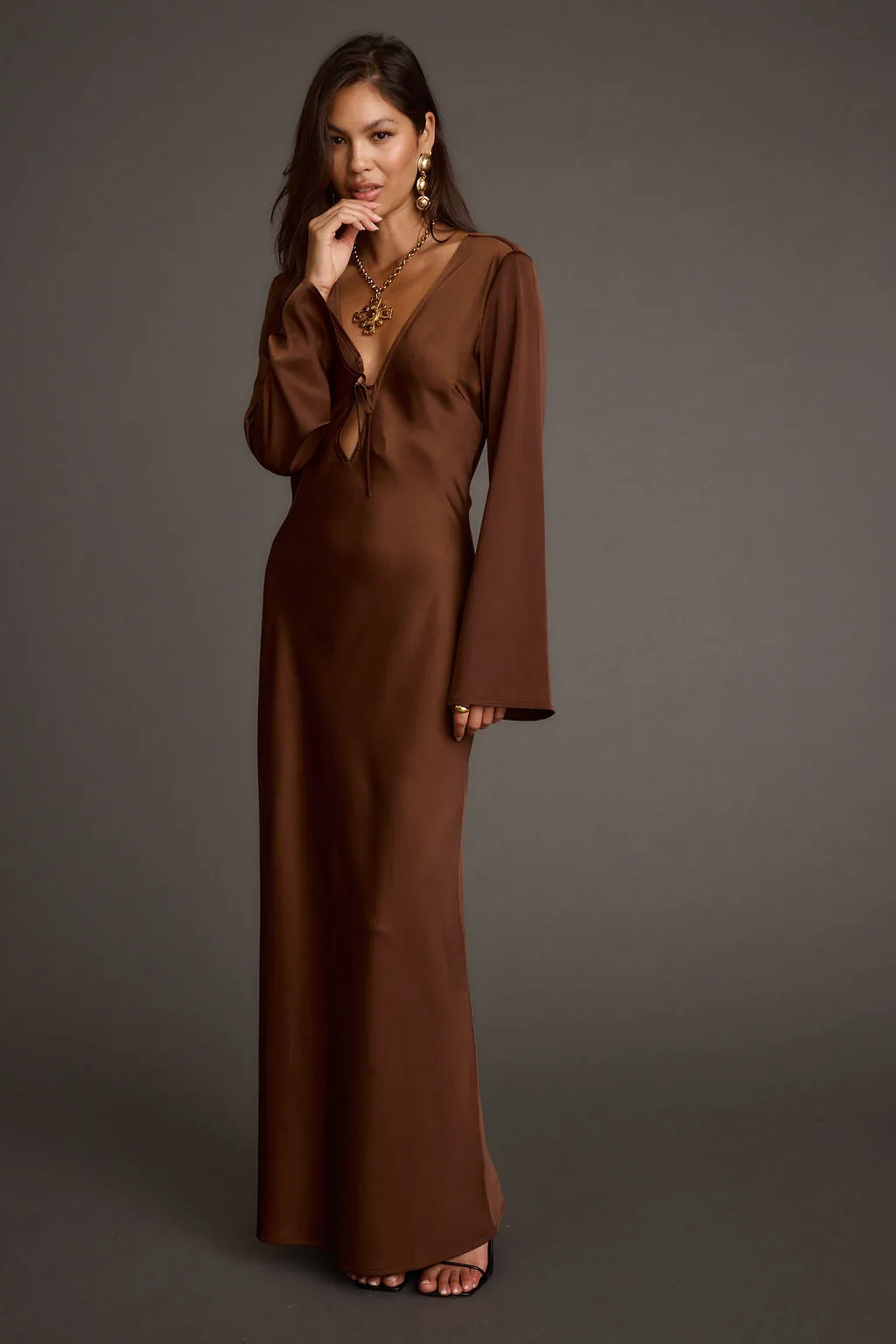 Strokes Mocha Long Sleeve Plunge Satin Maxi Dress sold by 12th Tribe product image thumbnail 4