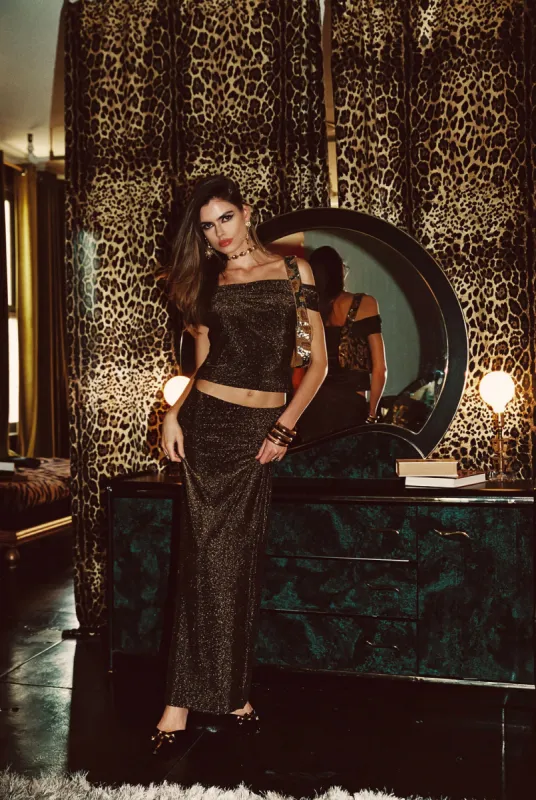 Hypnotized Gold Lurex Maxi Skirt sold by 12th Tribe