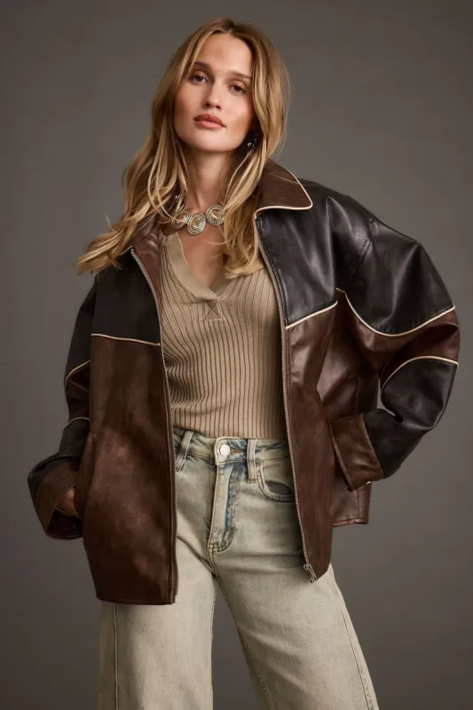 Bono Colorblock Vegan Leather Jacket sold by 12th Tribe