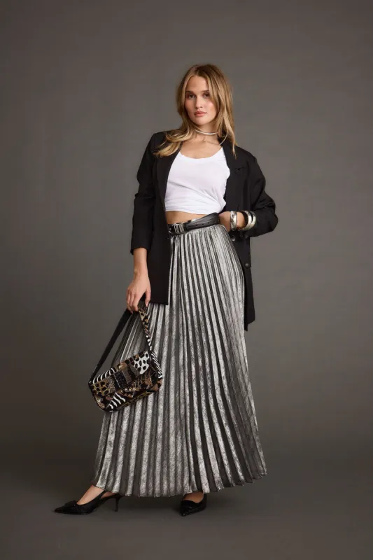 Electric Love Gunmetal Metallic Pleated Maxi Skirt sold by 12th Tribe