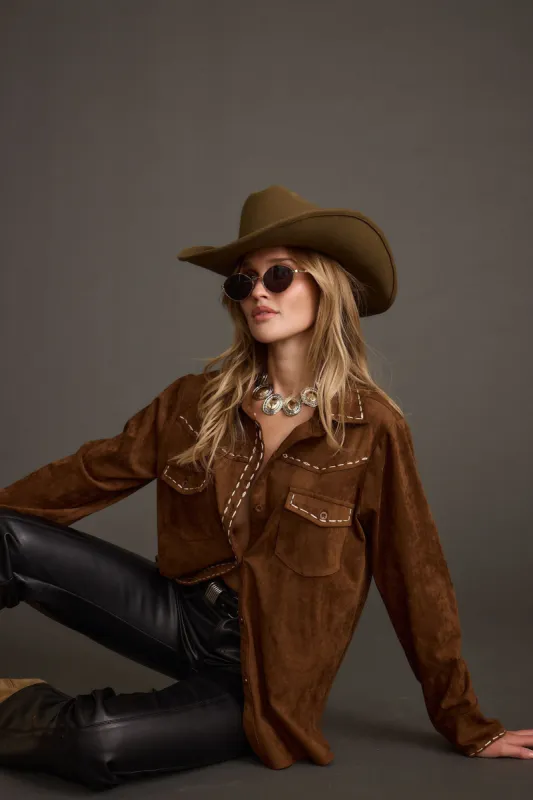 Rustic Pines Brown Suede Button Down Top sold by 12th Tribe