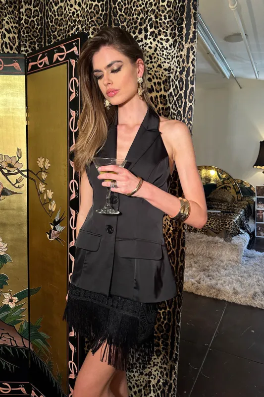 Noir Black Satin Longline Vest sold by 12th Tribe