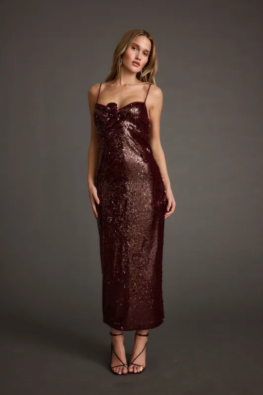 All For You Merlot Sequin Rosette Midi Dress sold by 12th Tribe
