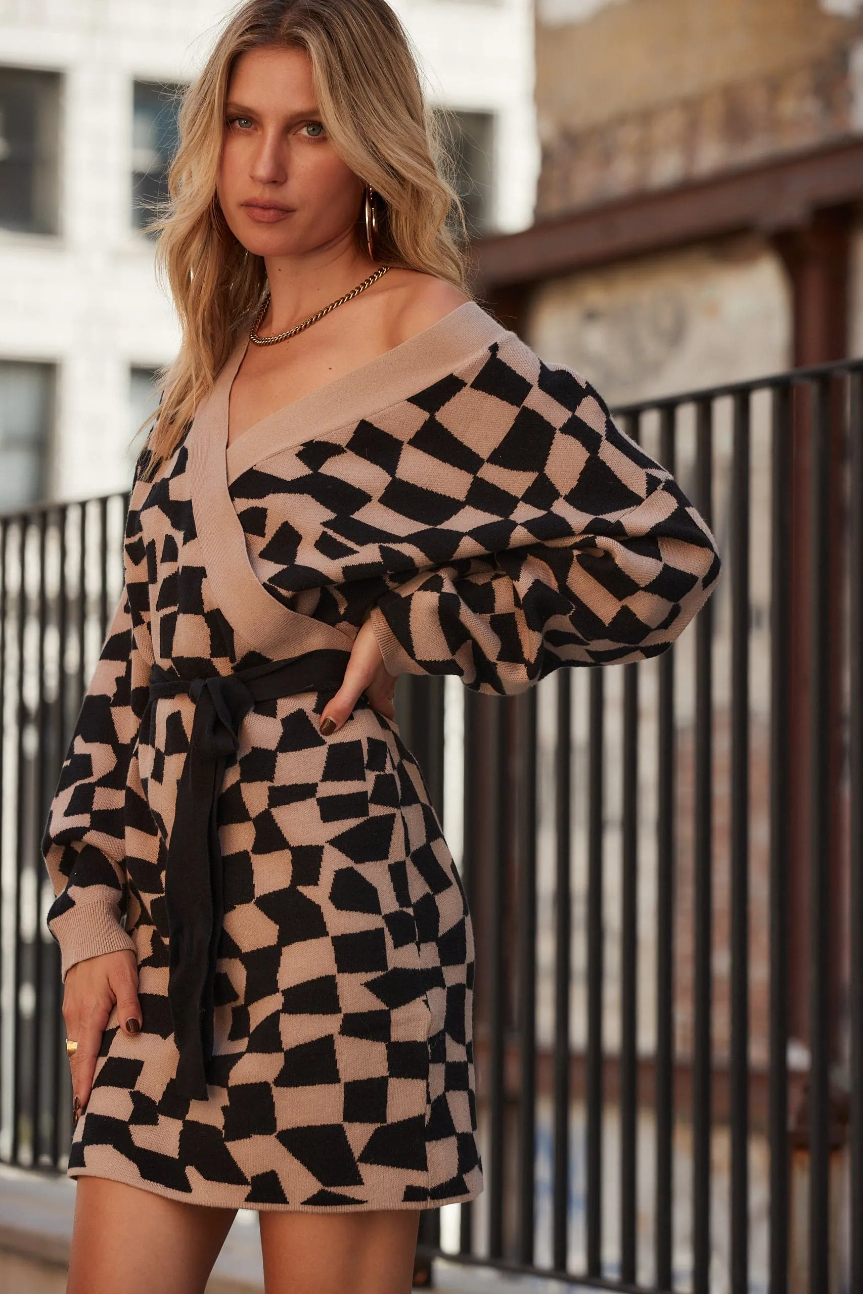 Heather Black & Tan Printed Sweater Mini Dress sold by 12th Tribe product image thumbnail 3