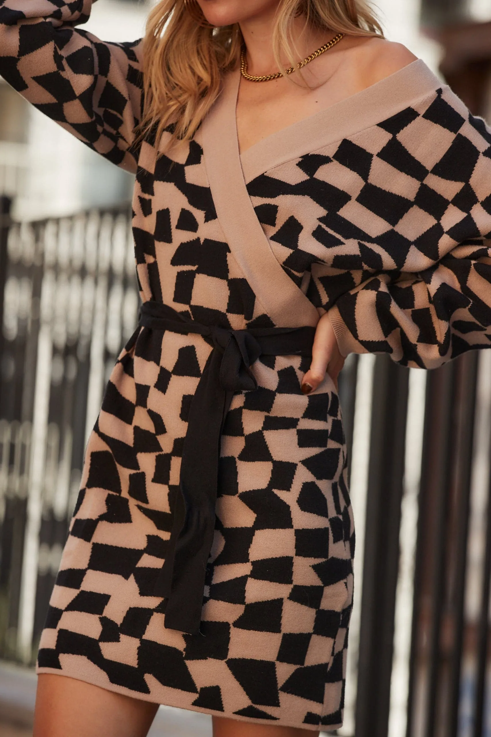 Heather Black & Tan Printed Sweater Mini Dress sold by 12th Tribe product image thumbnail 4