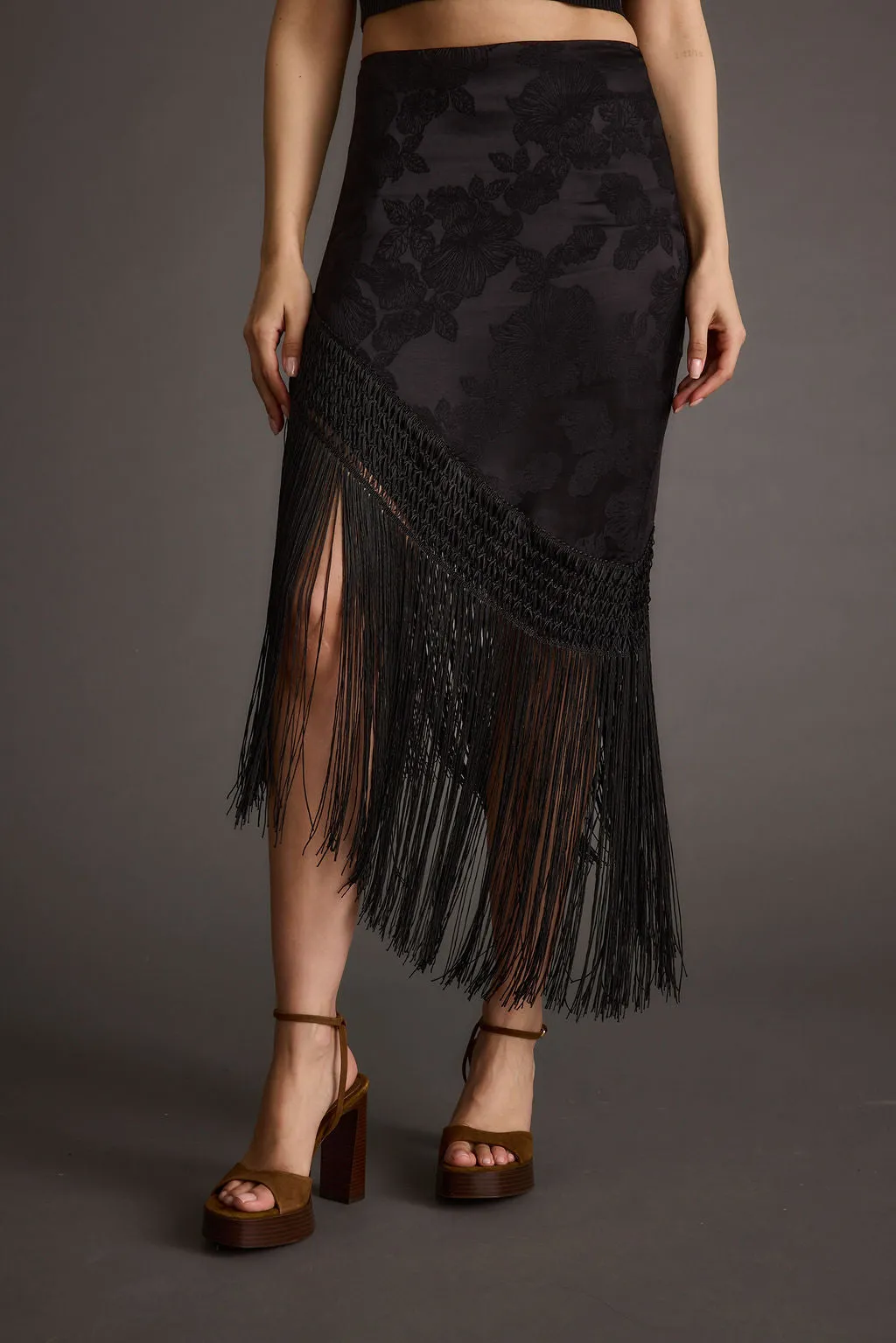 Frankie Black Satin Jacquard Fringe Midi Skirt sold by 12th Tribe product image thumbnail 3