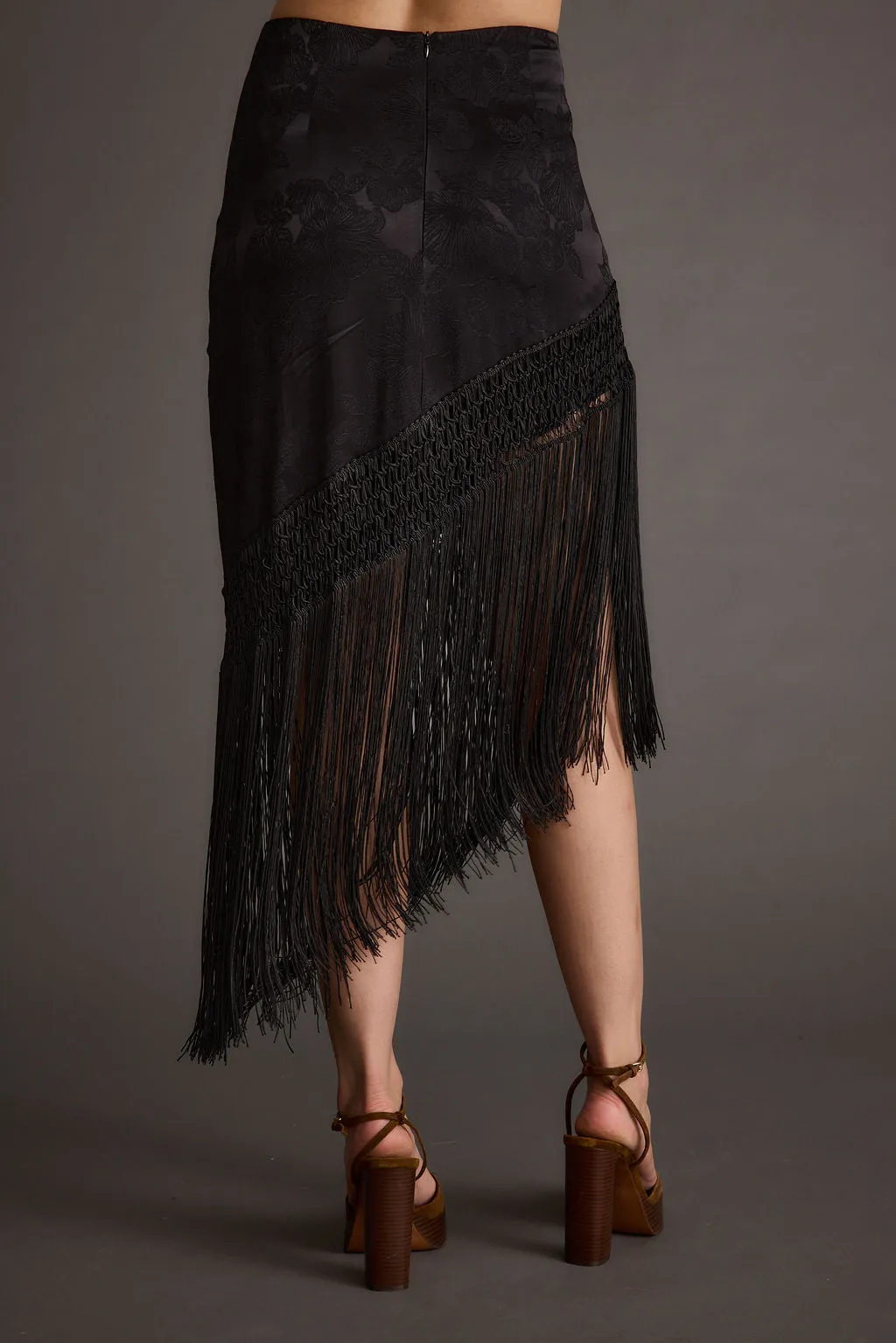Frankie Black Satin Jacquard Fringe Midi Skirt sold by 12th Tribe product image thumbnail 2