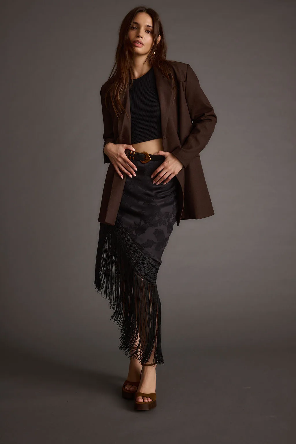 Frankie Black Satin Jacquard Fringe Midi Skirt sold by 12th Tribe product image thumbnail 5
